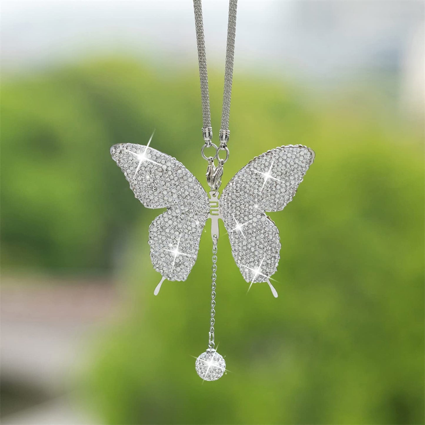 Bling Butterfly Diamond Car Accessories for Women, Crystal Car Rear View Mirror Charms Car Decoration Valentine's Day Gifts Lucky Hanging Interior Ornament Pendant. (Silver)