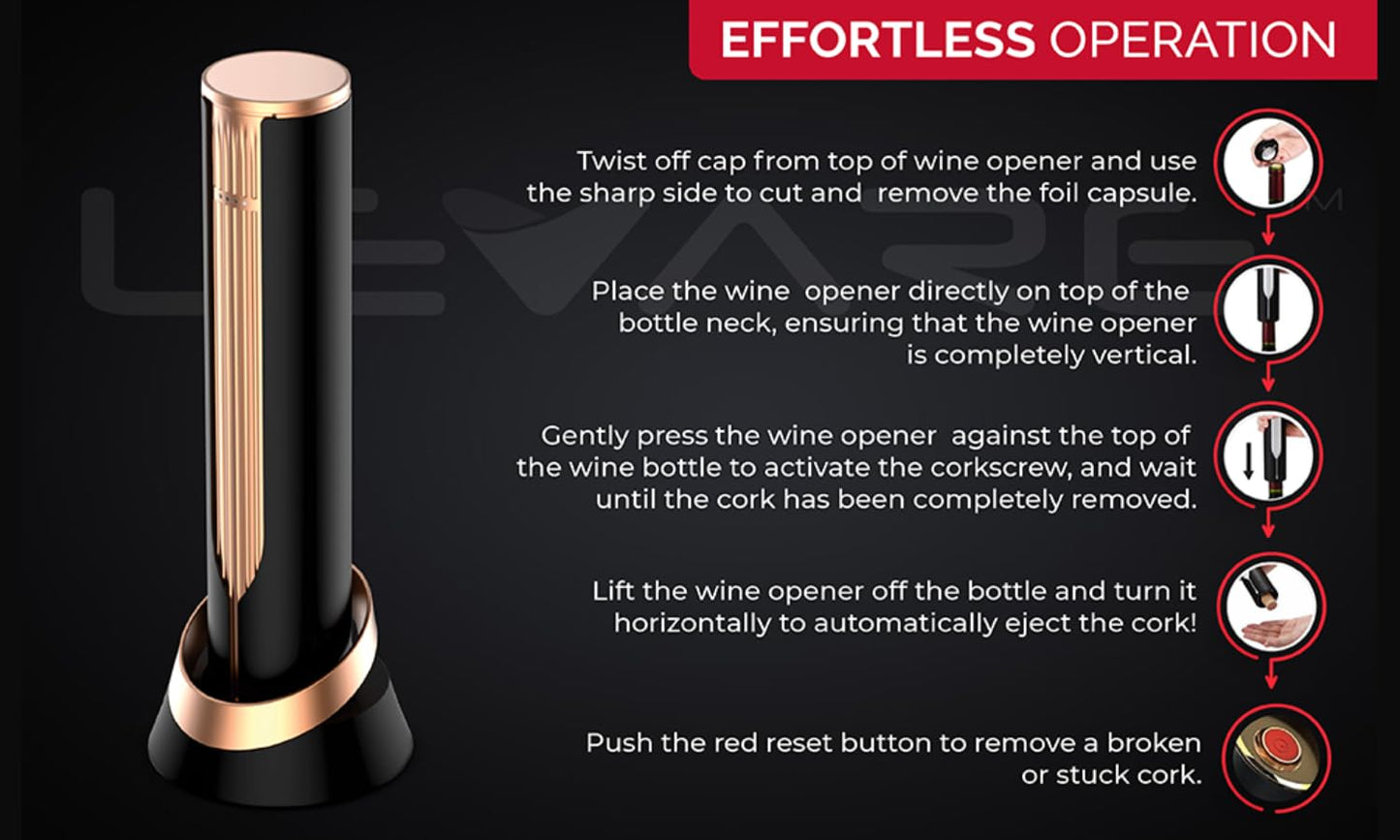 Abridor de botellas de vino eléctrico de primera calidad de Levare, totalmente automático con sensor inteligente, base de carga USB, elegante, ergonómico, recargable con batería de litio, regalo para amantes del vino, extracción de corcho sin esfuerzo