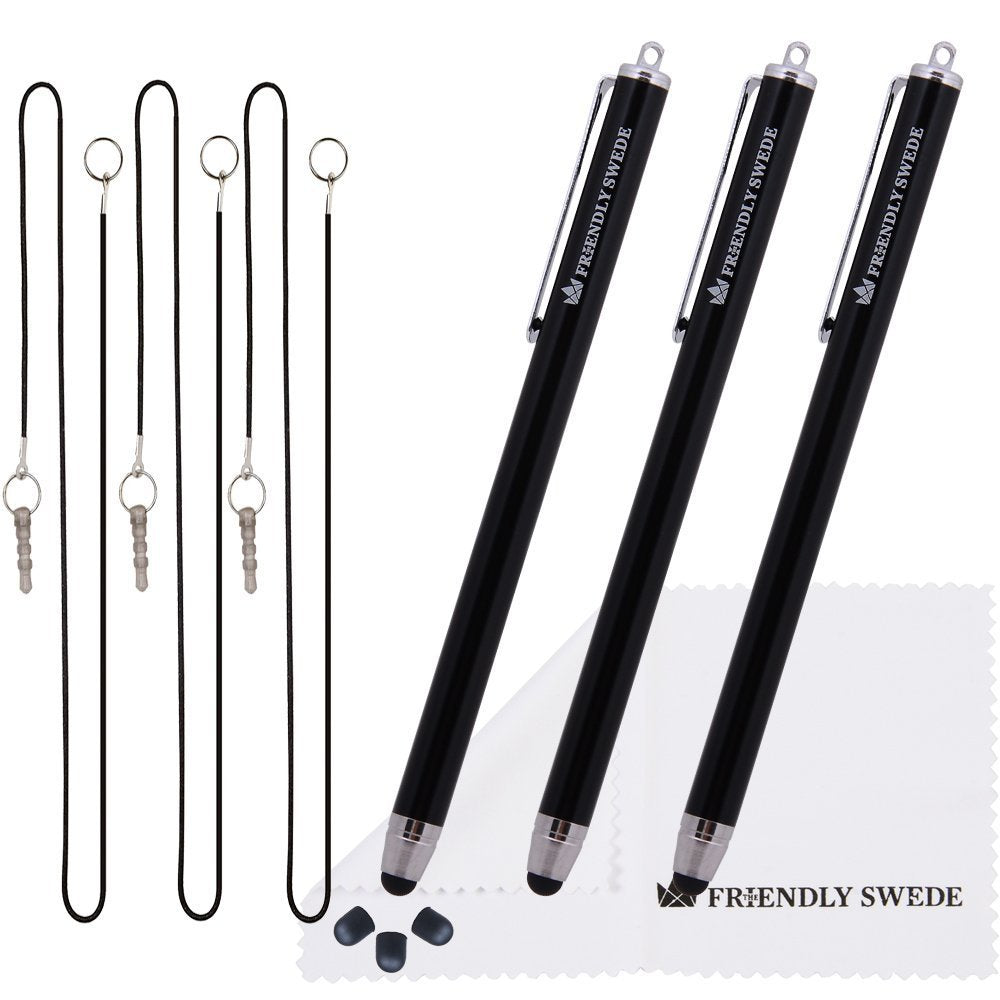 The Friendly Swede High Precision Stylus Pens for Touch Screens - 3pcs 5.5" Stylus Pen for iPad with Replaceable Thin-Tip; iPad Stylus, Incl. Replacement Tips, Lanyards & Screen Cleaning Cloth - Black