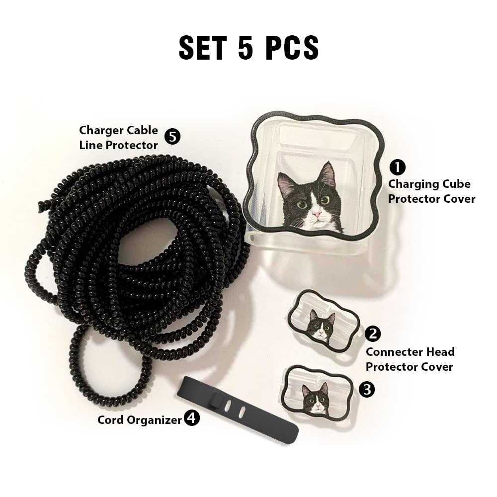 WIRESTER Cable Charger Cover Set (5 in 1) for 18W/20W USB-C Charger Cable, Data Line Saver Cable Case Protector Compatible with iPhone 11 12 13 14 15 Pro Max Adapter Charger - Black White Tuxedo Cat