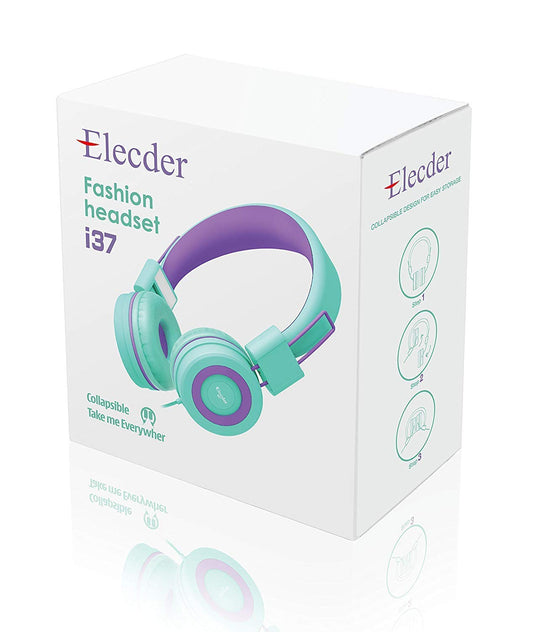 ELECDER i37 Kids Headphones Children Girls Boys Teens Foldable Adjustable On Ear Headphones 3.5mm Jack Compatible Cellphones Computer MP3/4 Kindle School Tablet Green/Purple