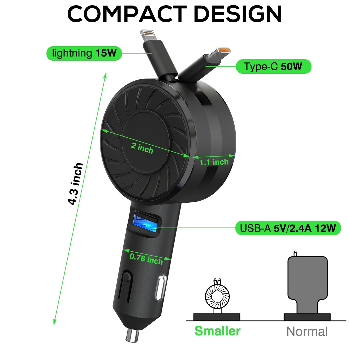 Retractable Car Charger (2Pack), 3 in 1 Fast Charging Car Phone Charger 50W, Mini Car Adapter with 2 Cables+1 Port Cigarette Lighter USB C Charger for Apple iPhone 15 Pro/Samsung/Android/Pixle