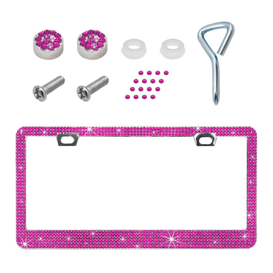 Cadre de plaque d'immatriculation de voiture povtii, cadre de plaque d'immatriculation automatique en acier inoxydable étincelant avec strass, support de plaque d'immatriculation Bling Diamond, accessoires extérieurs universels pour voiture (rose)