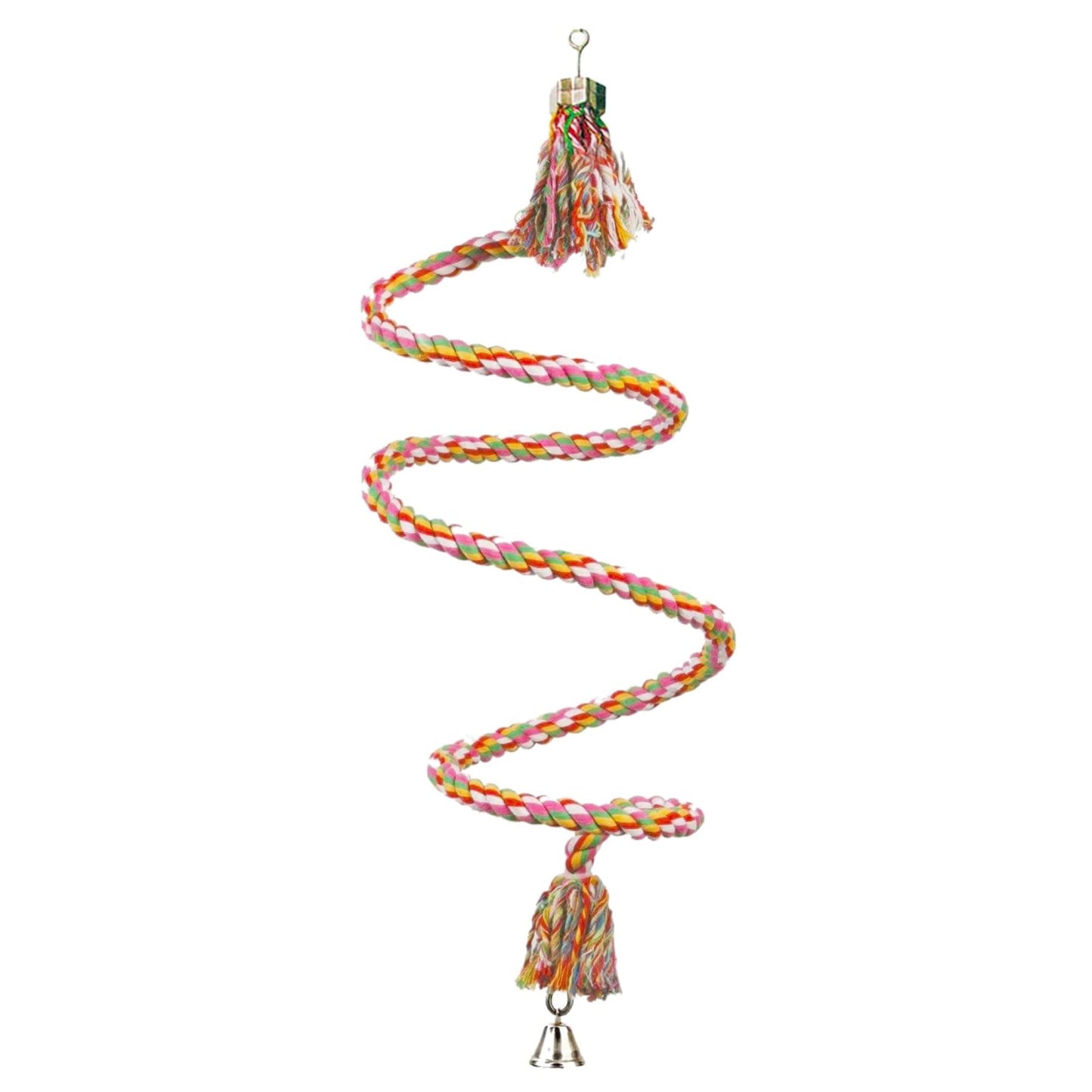 SunGrow Rope Perch for Parrots, 59” Long, Bungee Bird Toy, Brightly Colored Handmade Chew Toy, Spiral Design with Jingling Bell