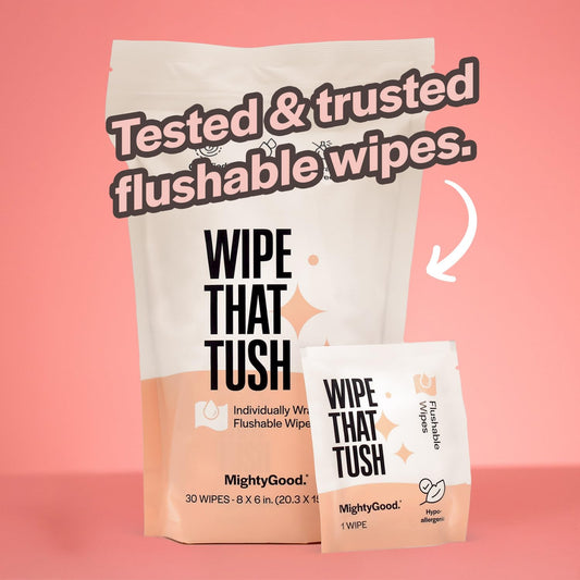 MightyGood. Wipe That Tush On-The-Go Flushable Wet Wipes - 1 Pack, 30 Wipes - Individually Wrapped Extra-Large Wipes with Aloe - Hypoallergenic & Unscented - Septic and Sewer Safe