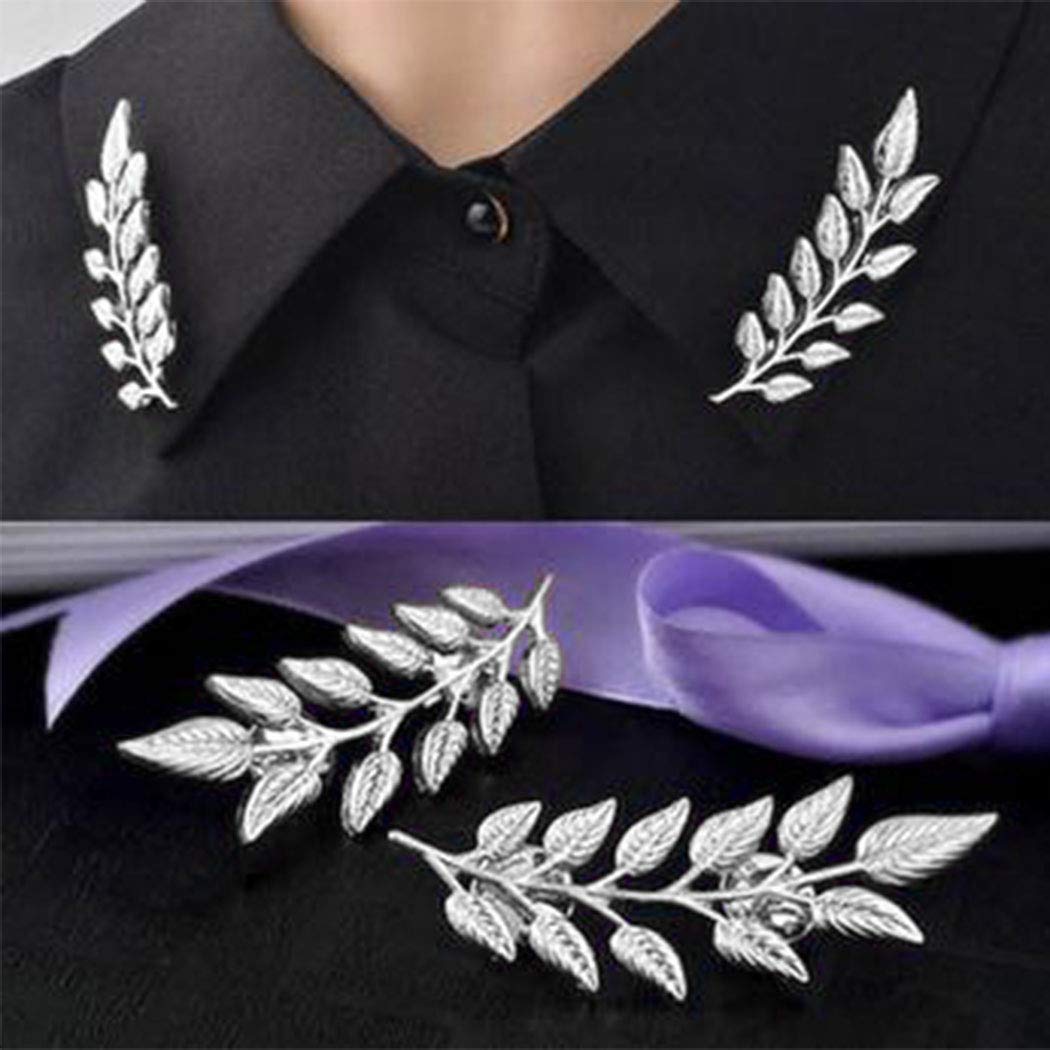 Sttiafay Suit Collar Pin Double Silver Leaves Sweater Brooch Pin Shirt Collar Decoration Jewelry for Women and Men