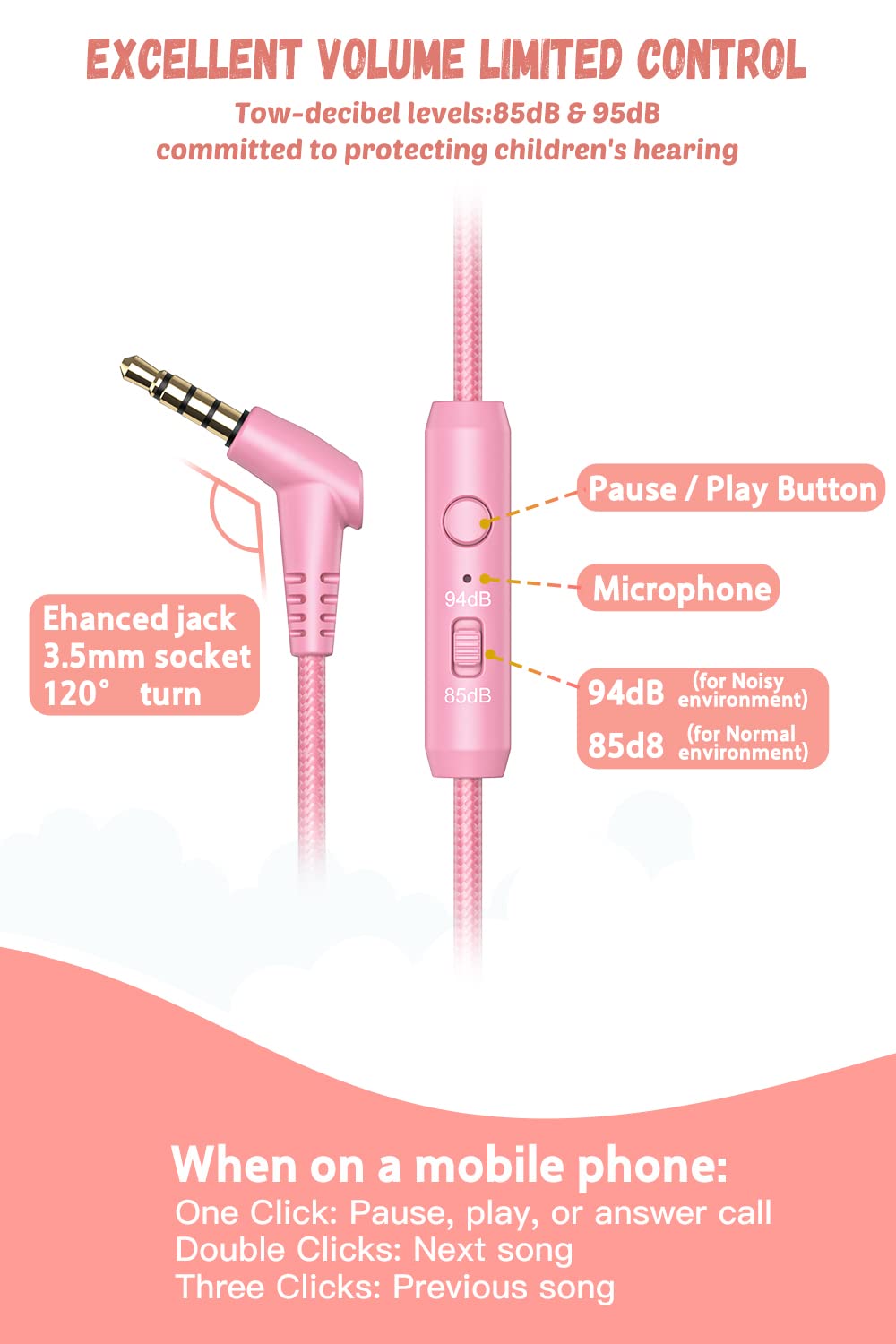 New bee Kids Headphones Wired for School with Microphone KH20 HD Stereo Safe Volume Limited 85dB/94dB Foldable Lightweight for Girl/Mac/Android/Kindle/Tablet/Pad (Pink)