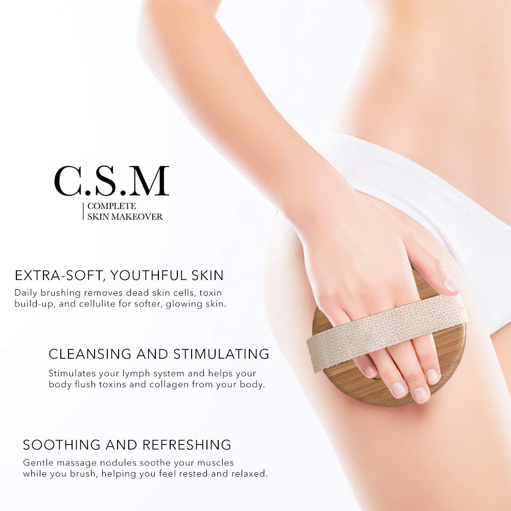 CSM Dry Body Brush - Natural Bristle Exfoliating Brush for Skin Renewal, Lymphatic Support and Circulation Boost - Sustainable Choice Dry Brushing Tool for Gentle Detox, Spa-Like Exfoliation