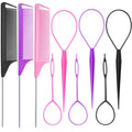 Luumxai 9pcs Topsy Hair Tail Tool and rat tail comb set,6pcs French Braiding Tool ring,3Pcs Metal Parting Combs,Woman Girl Hair Styling (Pink,Purple, Black)