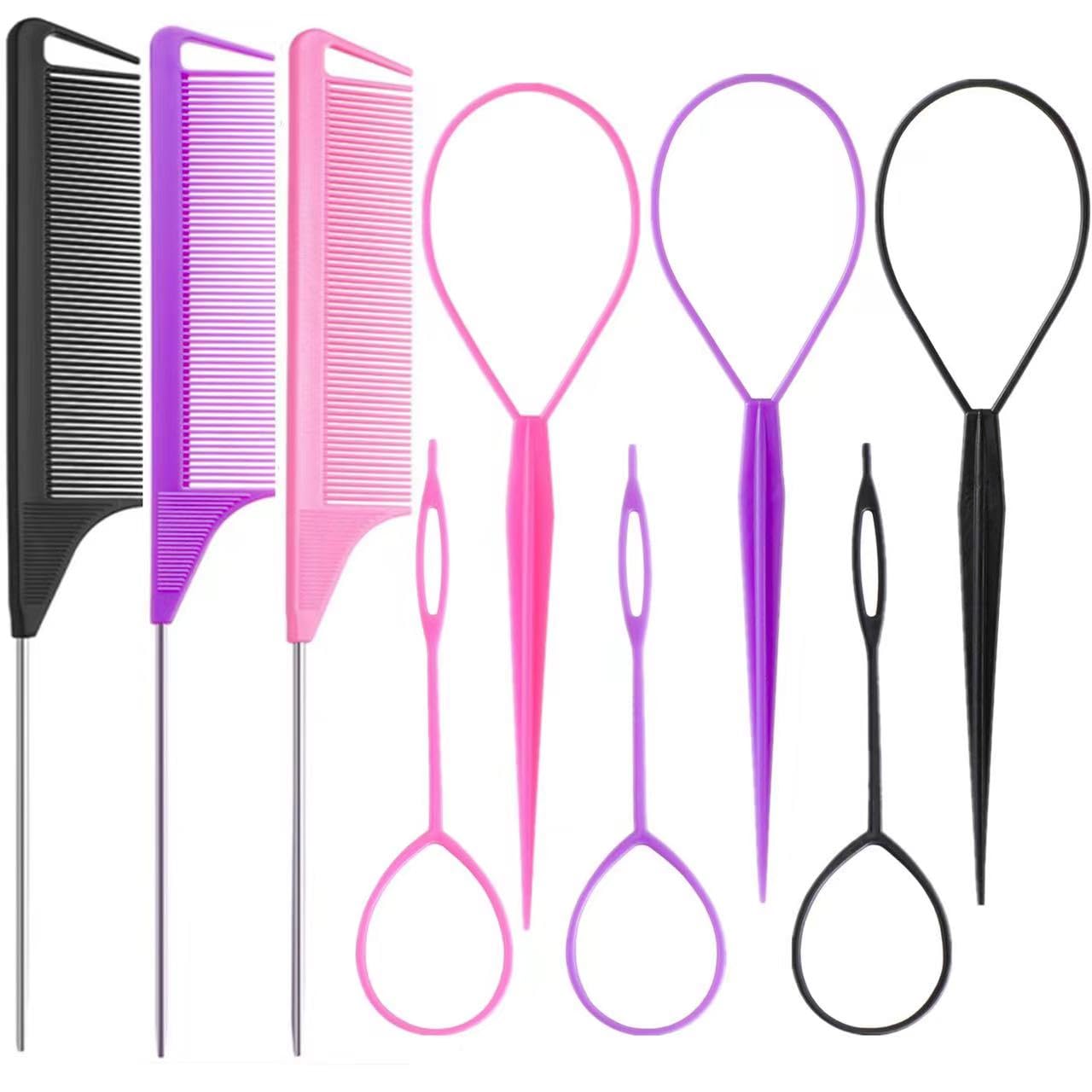 Luumxai 9pcs Topsy Hair Tail Tool and rat tail comb set,6pcs French Braiding Tool ring,3Pcs Metal Parting Combs,Woman Girl Hair Styling (Pink,Purple, Black)