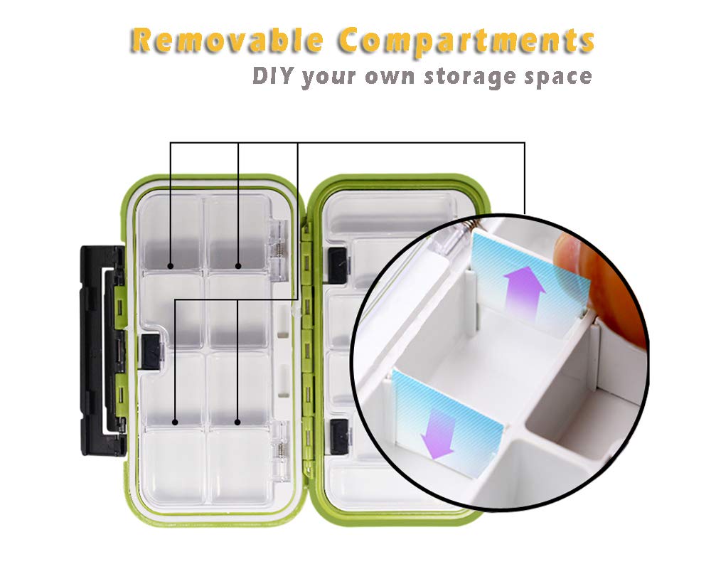 YUKI Fishing Lure Boxes, Bait Storage Case Fishing Tackle Storage Trays Accessory Boxes Thicker Plastic Hooks Organizer Containers for Vest Casting Fly Fishing - Waterproof Seal (Green, Medium)