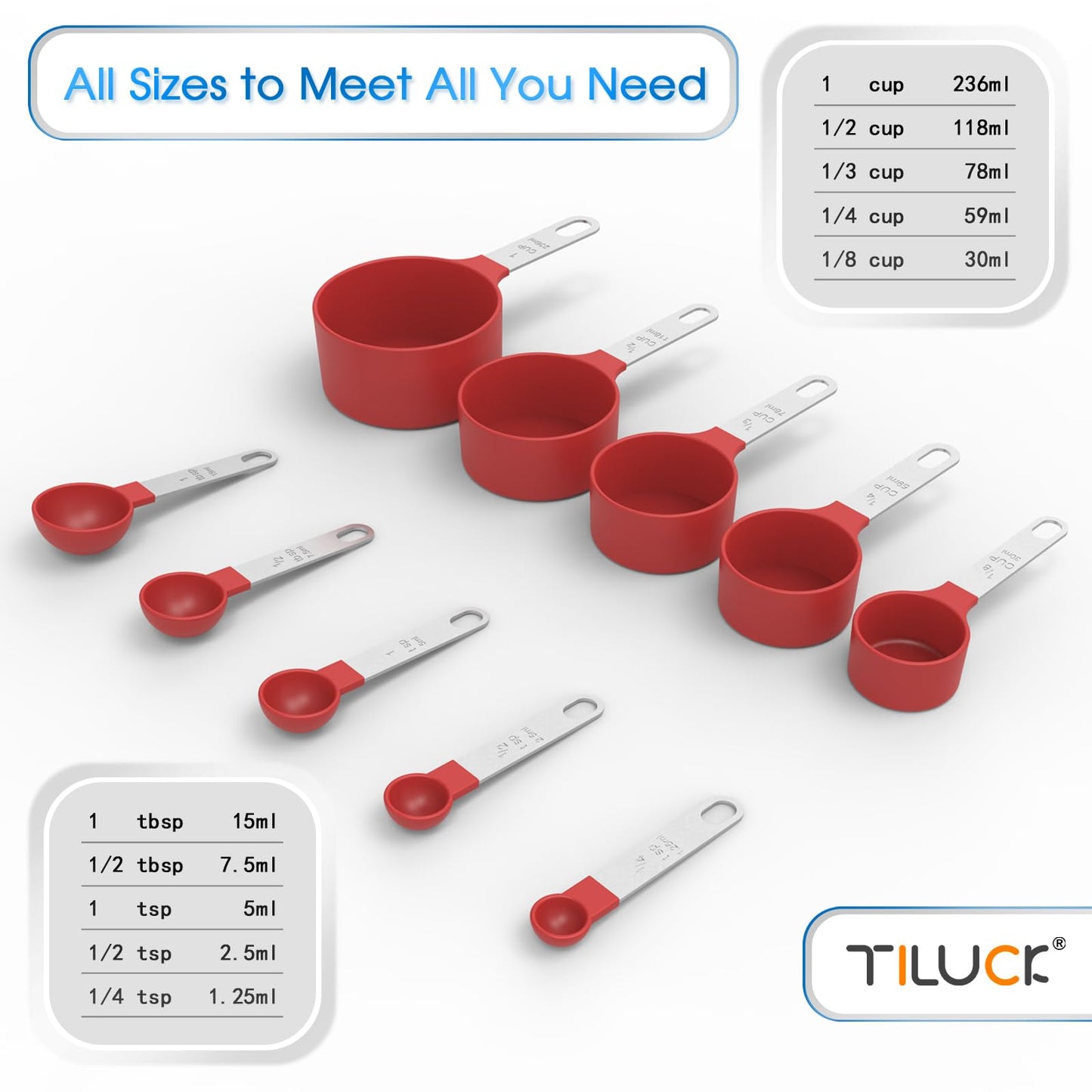 Juego de tazas y cucharas medidoras TILUCK, tazas y cucharas apilables, tazas medidoras anidadas con mango de acero inoxidable, utensilios de cocina para cocinar y hornear (rojo)