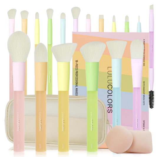 LULUCOLORS 18-Piece Multi-Color Makeup Brush Set – Professional & Beginner-Friendly, Soft Bristles, Rubberized Frosted Handles – Includes Travel Bag, 2 Sponges, and Full Face & Eye Brush Collection