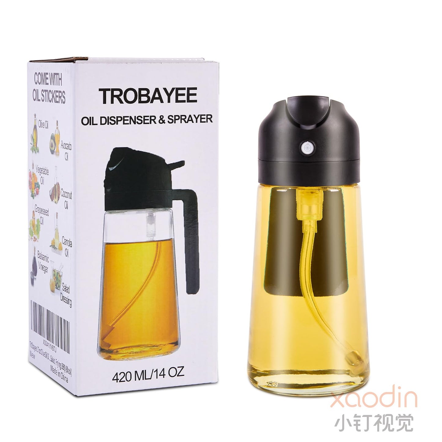 TrObayee 14oz Olive Oil Dispenser for Kitchen -2 in 1 Glass Oil Sprayer and Oil Dispenser,420ml Oil Bottles for Cooking,Air Fryer, Baking,Salad, Frying, BBQ (Black)