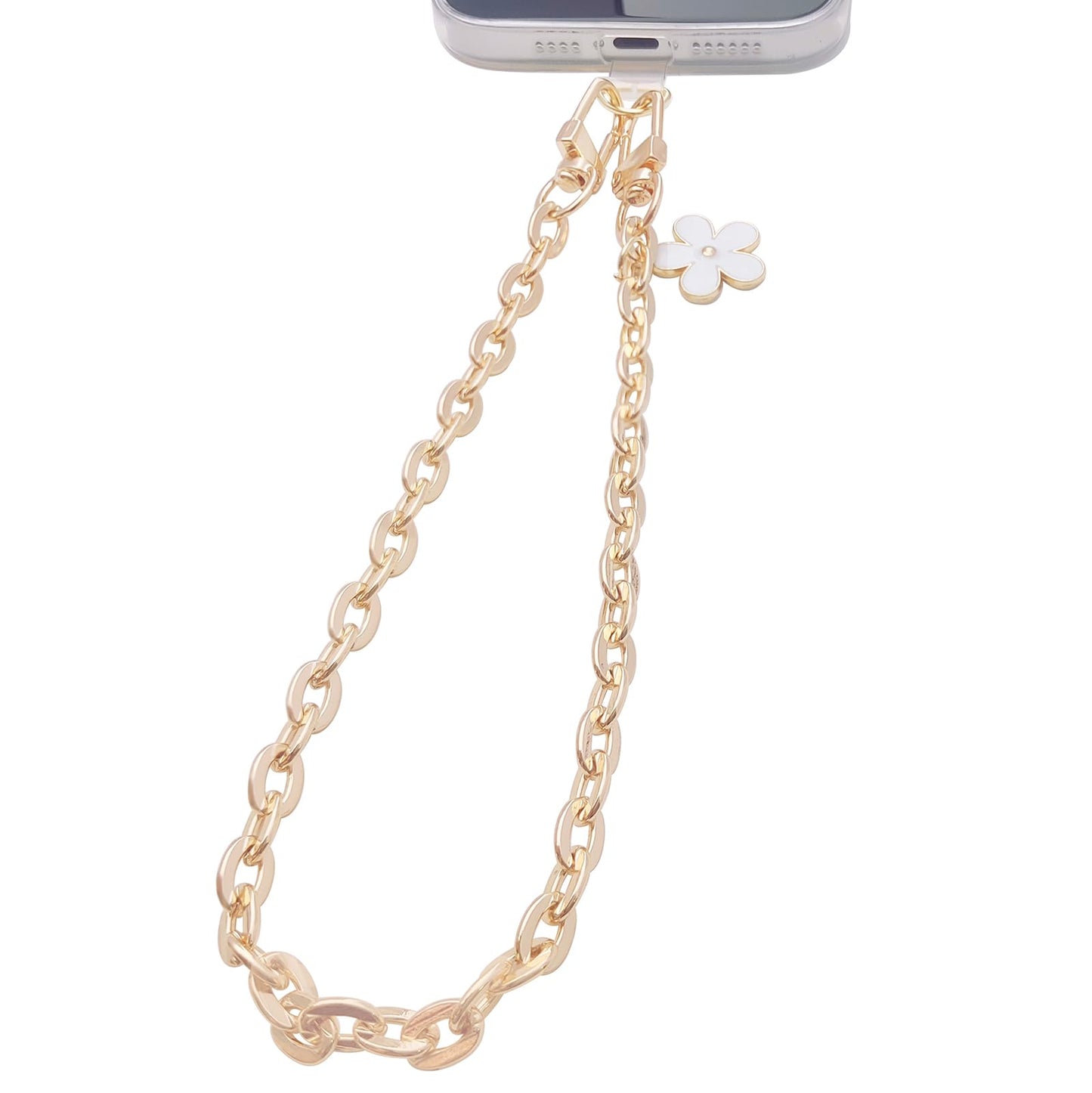 Phone Charms Strap Phone Wrist Strap with Cute White Flower Phone Lanyard Metal Chain Cell Phone Charms Hands-Free Wrist Strap Phone Chain Strap for Women