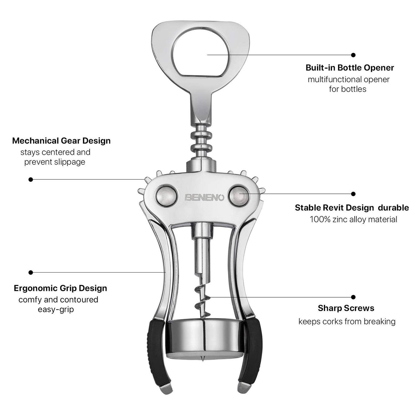 Wine Opener, Zinc Alloy Premium Wing Corkscrew Wine Bottle Opener with Multifunctional Bottles Opener, Sharp Corkscrew with Ergonomic Non-slip Wing Handle, Upgrade