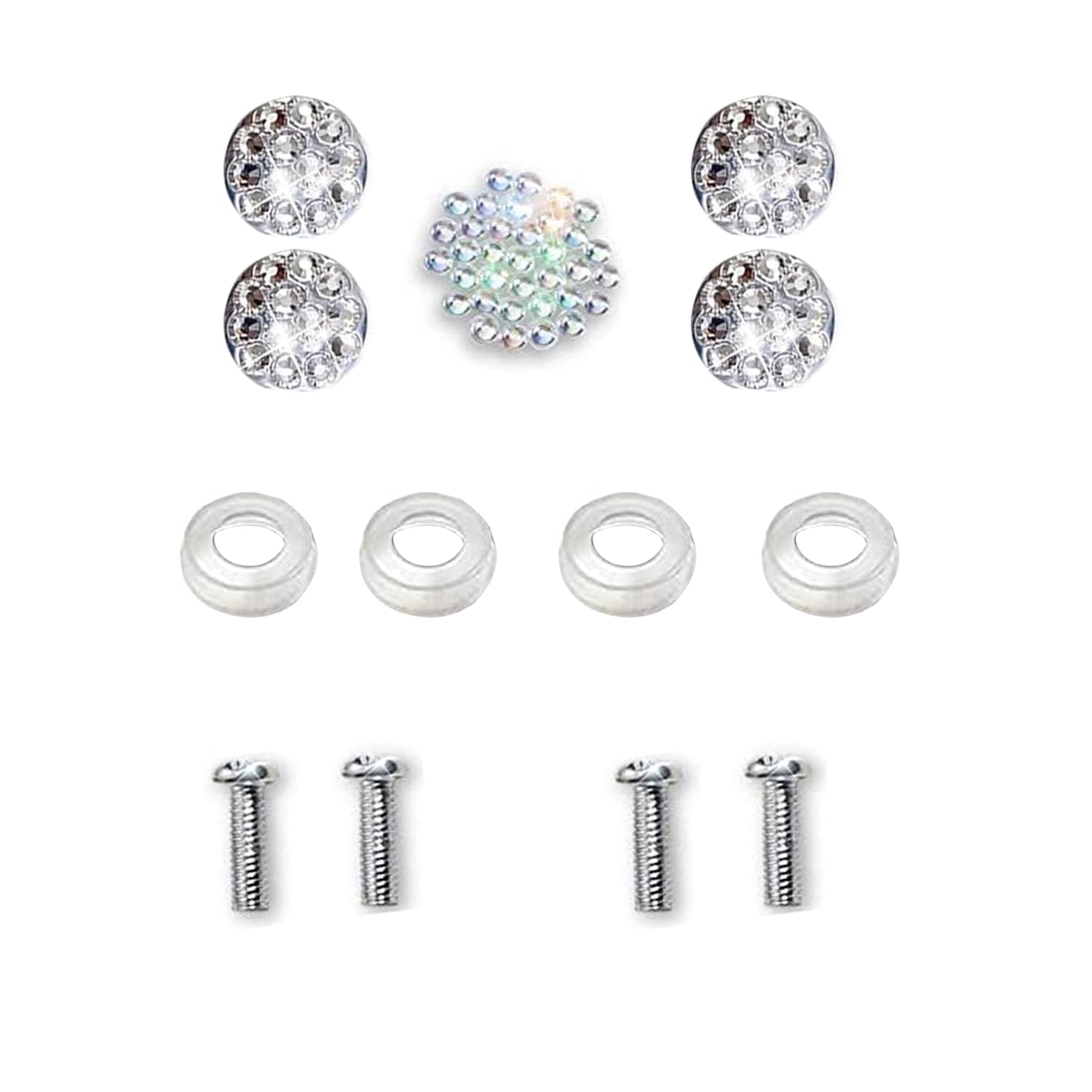 Ensemble de vis pour plaques d'immatriculation Bling, 4 vis, 4 rondelles à vis, 4 bouchons à vis Bling, quelques strass de rechange (vis blanche)