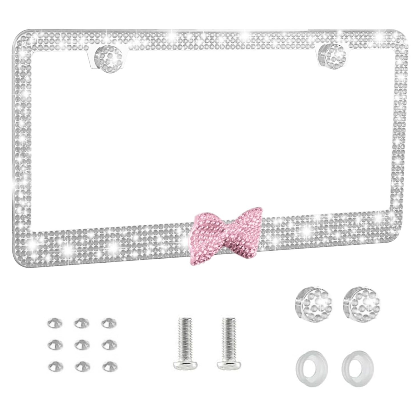 Améliorez votre trajet avec des cadres de plaque d'immatriculation Bling - Accessoires de voiture mignons et féminins pour femmes avec décor en diamant et strass, scintillants et élégants - Idéal comme cadeau (nœud blanc + rose)