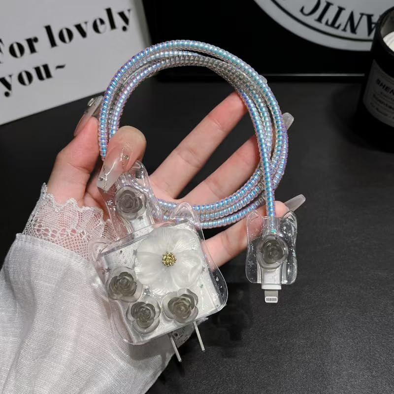 Cute Flower Cable Protector for iPhone 18W/20W Charger,3D Stylish Floral Camellia Rose Patterns,Glitter Clear Cat Ear Shape Data Line Cable USB Wire Saver Charger Protector for iPhone Charger Cover