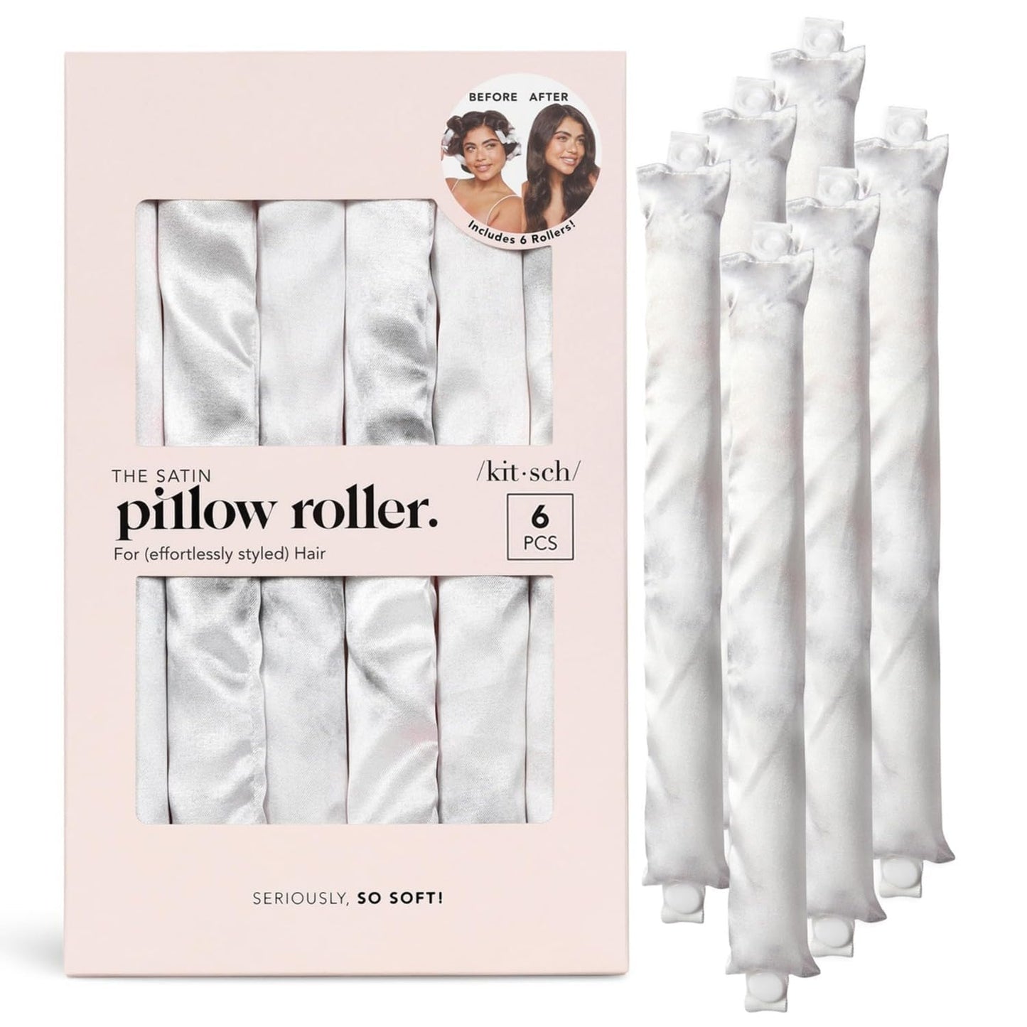 Kitsch Satin Pillow Rollers - Soft Rollers Softer than Silk for All Hair Types, Flexible Heatless Curling Rod, 6pc Marble