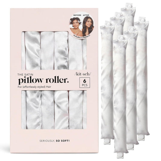 Kitsch Satin Pillow Rollers - Soft Rollers Softer than Silk for All Hair Types, Flexible Heatless Curling Rod, 6pc Marble