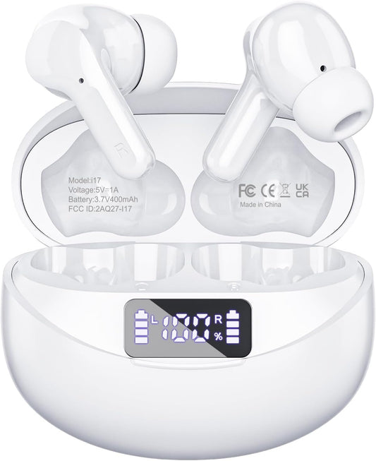 Wireless Earbuds, Bluetooth Headphones 5.3 HiFi Stereo, Wireless Earphones with ENC Noise Cancelling Mic, LED Digital Display in Ear Buds White