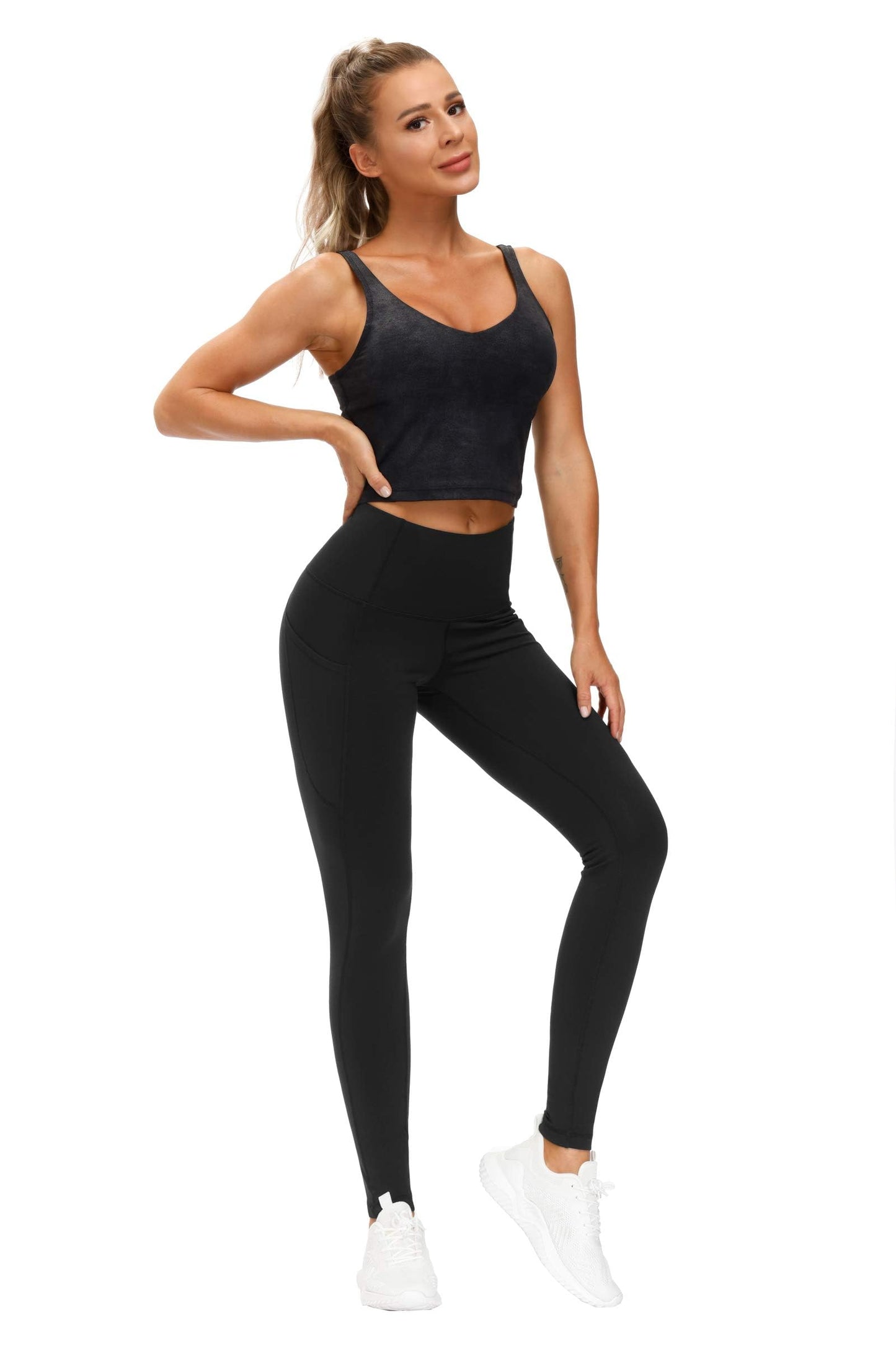 THE GYM PEOPLE Pantalon de yoga épais taille haute avec poches, leggings de yoga pour le contrôle du ventre, pour femme (grand, noir)