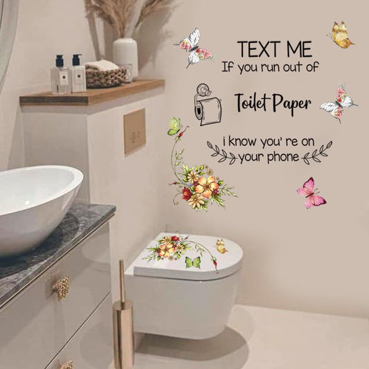 Wall Decals Toilet Theme PVC Wall Sticker Toilet Paper Pattern Vinyl Wall Art Wall Decal Text Me If You Run Out of Toilet Paper Warm Reminder Words Wall Decor for Toilet Tips Home Decor. (Color1)