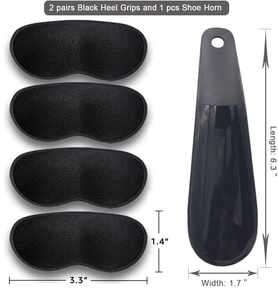 Dr.Foot Heel Grips for Men and Women, Self-Adhesive Heel Cushion Inserts Prevent Slipping, Rubbing, Blisters, Foot Pain, and Improve Shoe Fit - 2pairs + Extra 1 Shoe Horn (Black)