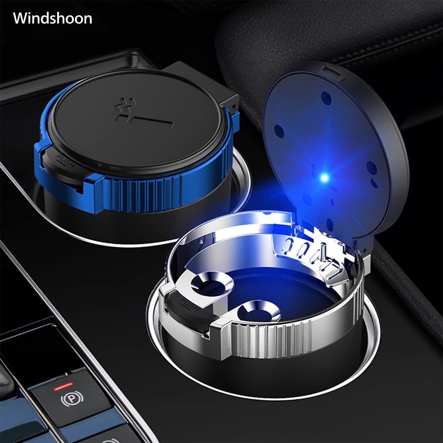 Cenicero para coche Windshoon con tapa, cenicero portátil para coche, cenicero desmontable de acero inoxidable sin humo con luz LED azul, resistente al viento para viajes en coche, mini bote de basura para coche (paquete de 1 azul)