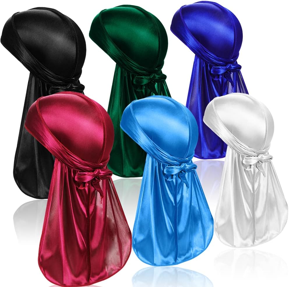 6 unidades de pañuelos para la cabeza de seda Durag para hombres y mujeres, paquete de pañuelos Durag con cola larga y correas anchas, 6 colores