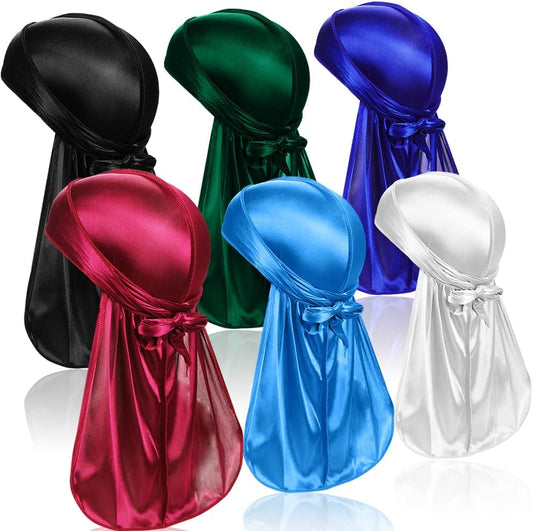 6 unidades de pañuelos para la cabeza de seda Durag para hombres y mujeres, paquete de pañuelos Durag con cola larga y correas anchas, 6 colores