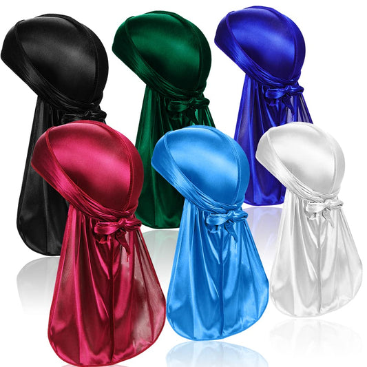 6 unidades de pañuelos para la cabeza de seda Durag para hombres y mujeres, paquete de pañuelos Durag con cola larga y correas anchas, 6 colores