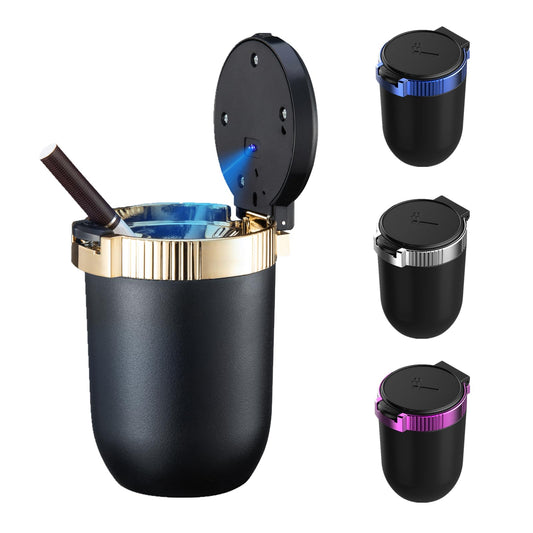 Car Ashtray with lid Portable Ash Tray Gold Mini Car Trash Can with LED Blue Light Windproof for Outdoor Travel (Gold)