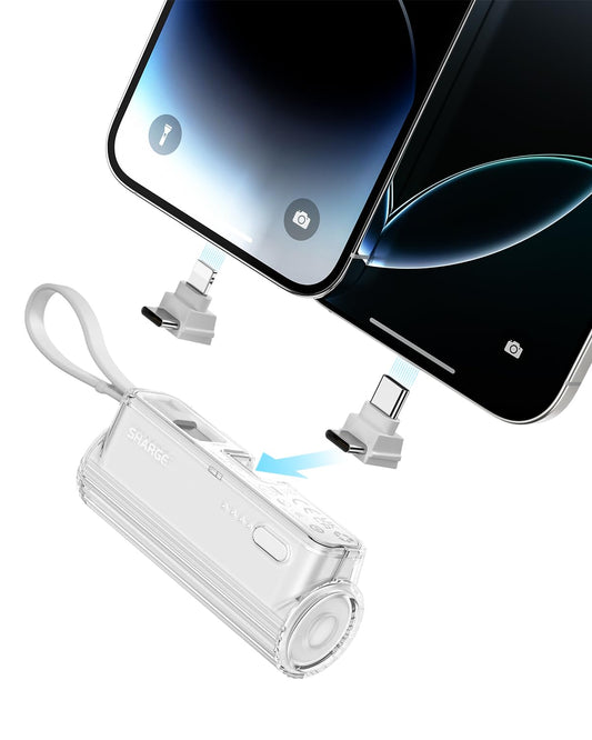 sharge Flow Mini Portable Charger, 5000mAh Small Power Bank with Changeable Plugs and Built in Cable, Dual Output USB-C External Battery Compatible with iPhone 16/15/14/13, iPad, Galaxy S24/23 Ultra