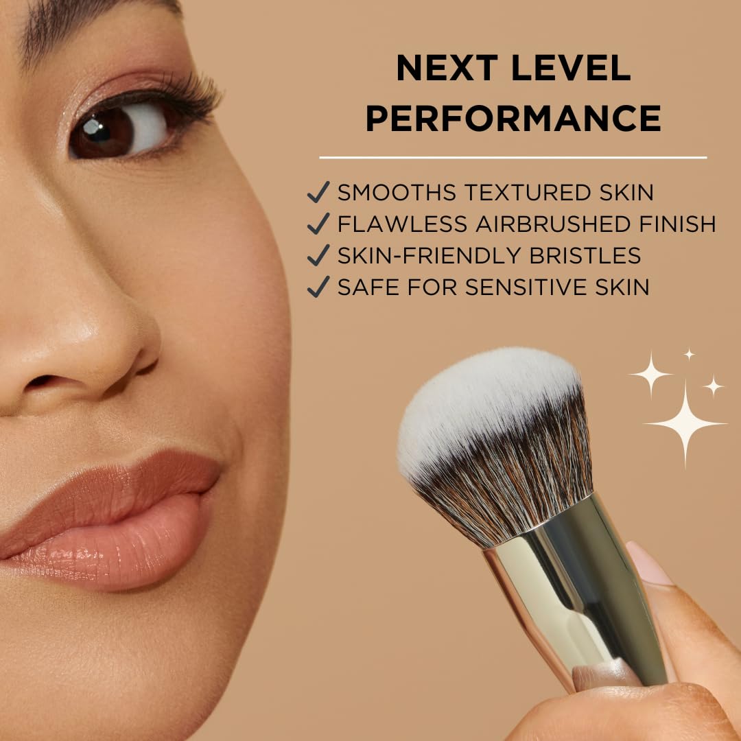 HALEYS Kabuki Makeup Brush VEGAN+CRUELTY-FREE, Sustainable Wood, Vegan Bristles for Airbrushed Finish, For Creams, Liquids, Powder, Streak-free, Perfect Blending, Buffs, Blurs, Smooths with Control