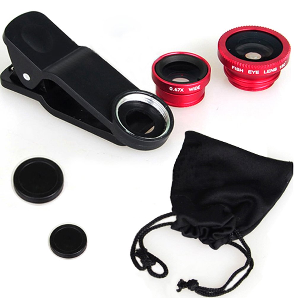 KINGMAS 3 in 1 Universal Fish Eye Lens, Macro Clip Lens Wide-Angle Camera Lens Kit for iPad iPhone Samsung Android and Most Smartphones (Red)