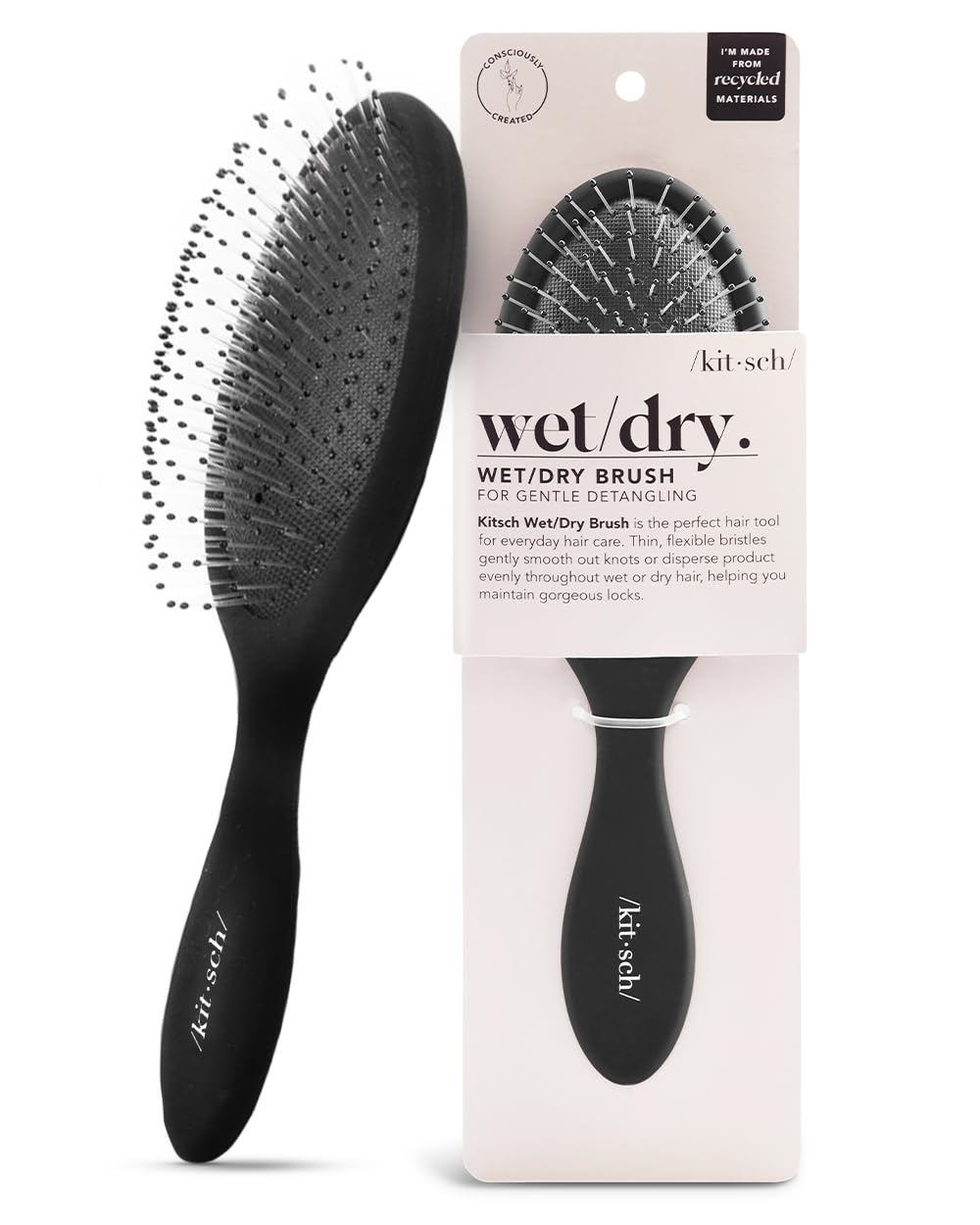 Kitsch Hair Detangler Brush - Soft Bristle Detangling Brush for Women with Curly & Straight, Dry & Wet Hair, Tangle Free, Flexible Bristles Comb, Travel-Friendly, Valentines Gift For Her - Black