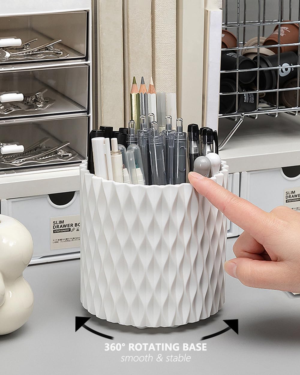 Lebenrich Pot à crayons rotatif pour bureau, 5 emplacements, organiseur de bureau unique blanc, fournitures et accessoires de bureau esthétiques pour femmes et filles, pot à crayons pour fournitures artistiques de bureau et de maison