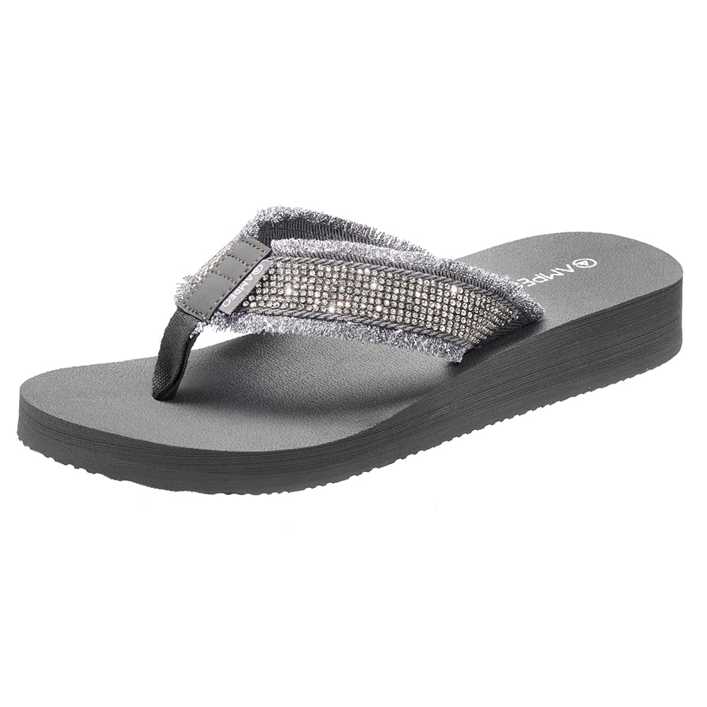 Ampeo Wemen's Comfortable Casual Webbing Rhinestone Wedge Flip Flops,Grey,Gray,Size 8