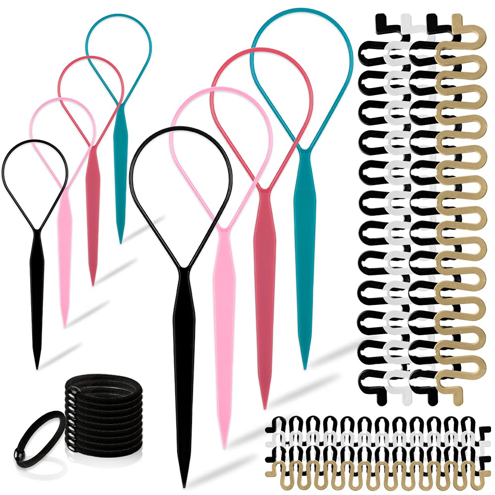 TsMADDTs Hair Braiding Set - 8 Topsy Tail Tools, 10 French Braiders for Twists and Ponytails, 10 Hair Ties