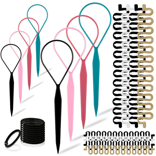 TsMADDTs Hair Braiding Set - 8 Topsy Tail Tools, 10 French Braiders for Twists and Ponytails, 10 Hair Ties