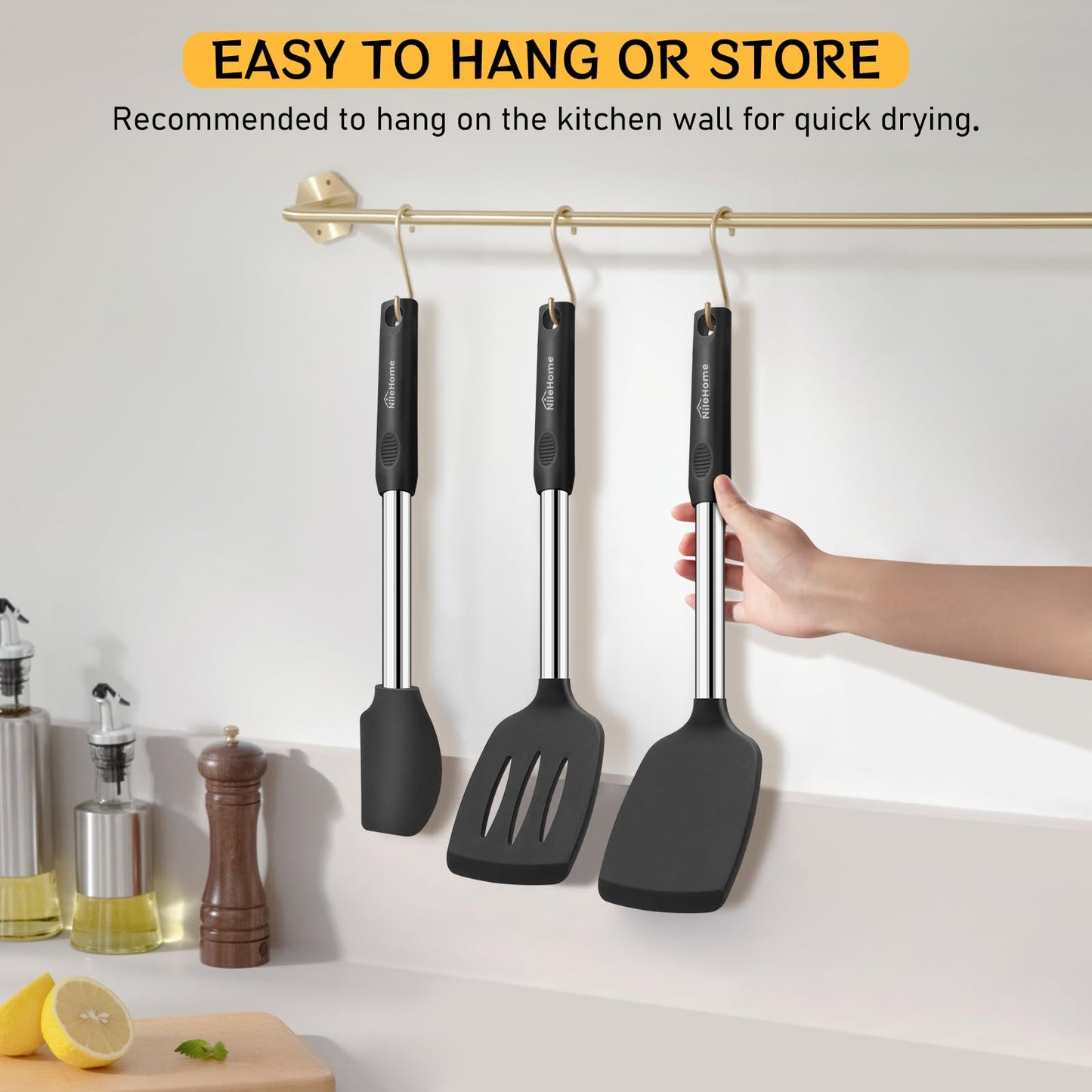 NileHome Pack of 3 Spatulas Silicone Heat Resistant, Silicone Cooking Utensils Set, Silicone Spatula BPA Free Cooking Utensils, Ideal Cookware for Fish, Eggs, Pancakes (Black)