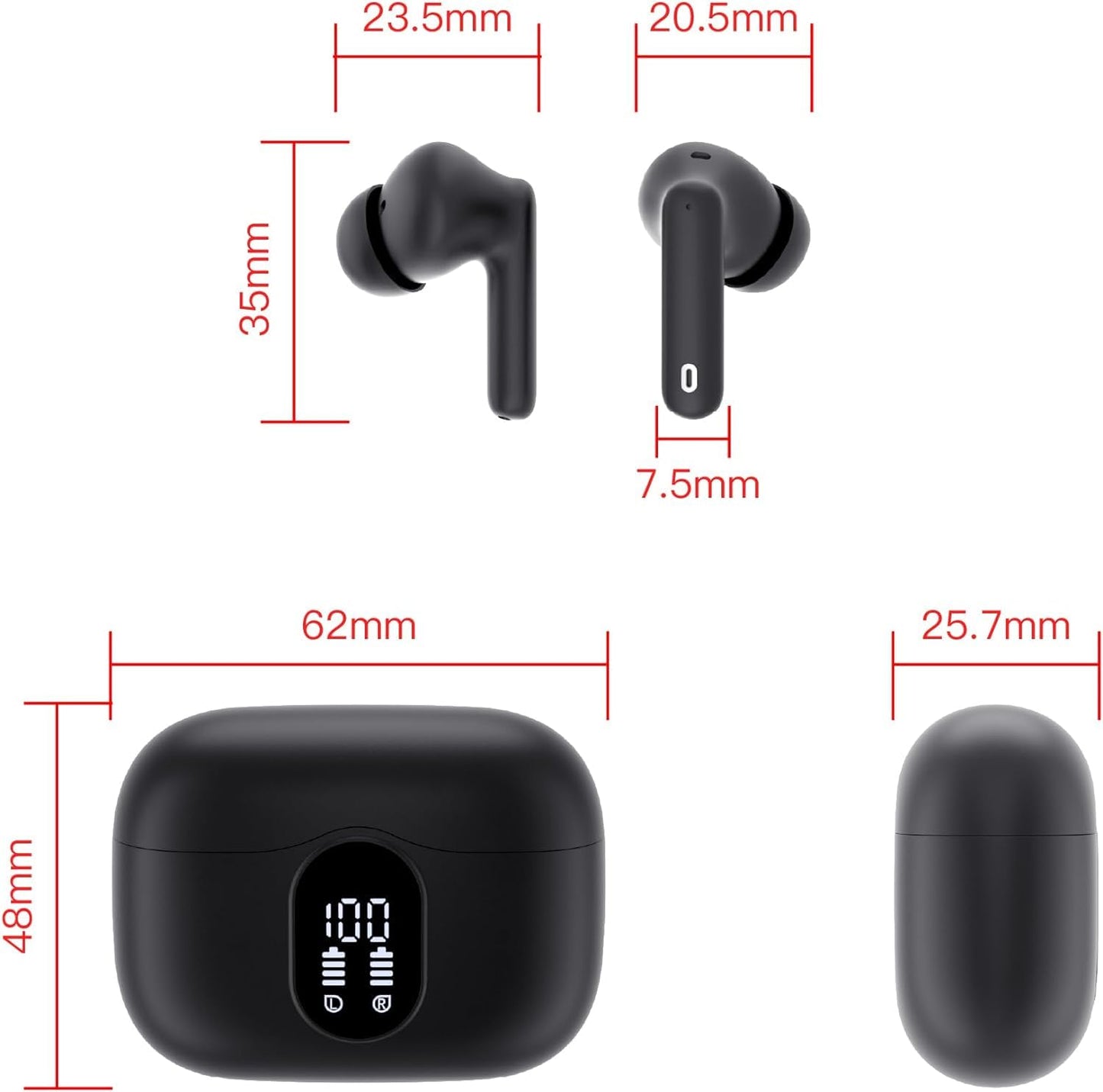 Écouteurs sans fil, écouteurs Bluetooth 5.3, stéréo basse, écouteurs avec micro antibruit, affichage LED, écouteurs intra-auriculaires étanches IP7, 36 heures de lecture pour ordinateur portable, tablette, téléphones, entraînement sportif, noir