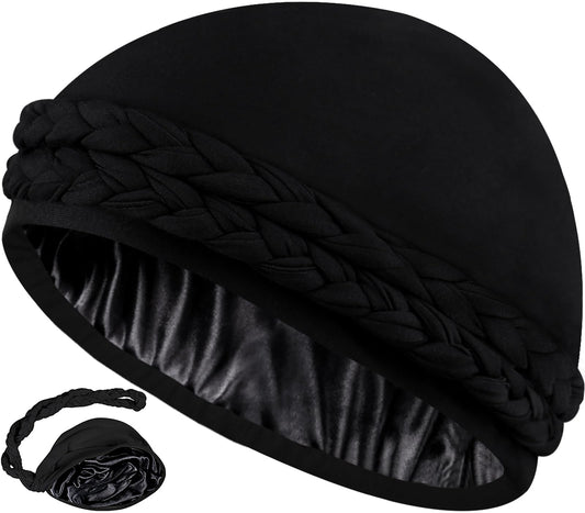 Ababalaya Silky Satin Lined Turban for Women Mens Halo Turban PRE-Tied Beanie Hats Silky Lined Durag for Waves Sleeping Bonnet Sleep Cap, Black