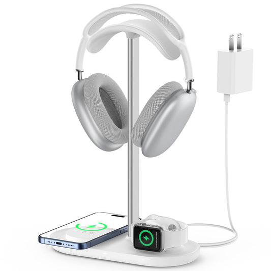 HiWe 3-in-1 Headphone Stand - Universal Desktop Gaming Headset Holder with Wireless Charger for Phones/AirPods/iWatch, Aluminum Alloy Rod, Leather Pad, ABS Solid Base, White