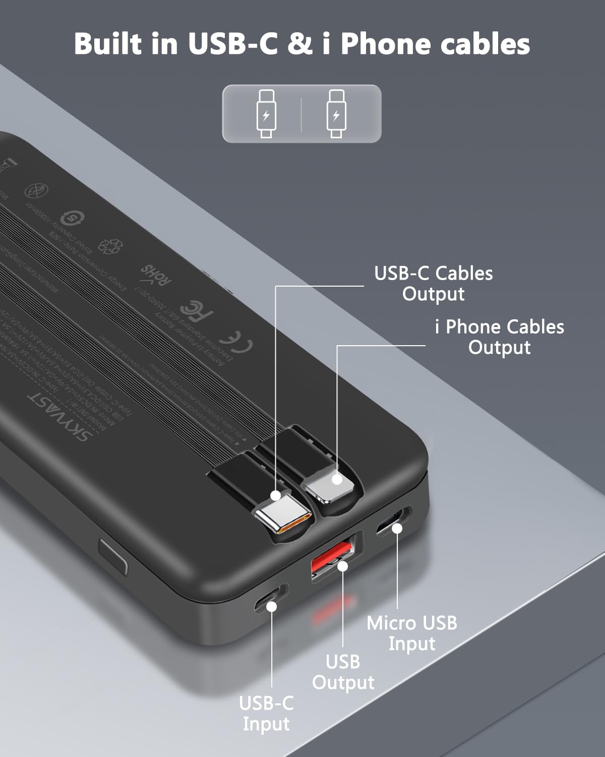 Skyvast Portable Charger, 10000mAh Power Bank with 2 Built-in Cables, 22.5W Fast Charging with Screen, Travel Battery Pack for i Phone, i Pad, Samsung, Google Pixel, LG and More (Black 10000mAh)