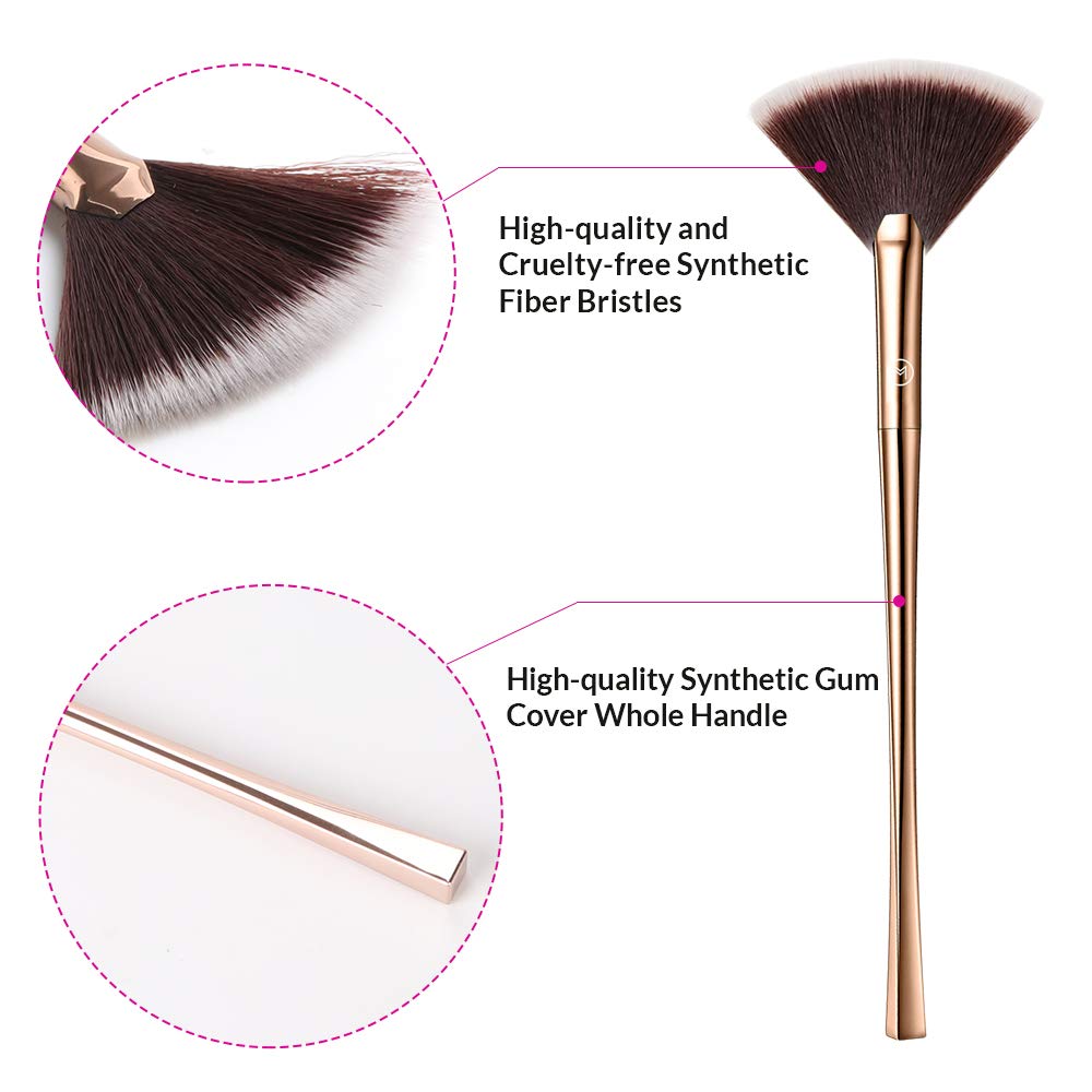 Brush Master Fan Makeup Brush For Highlighter, Blush, Flutty&Powder Cosmetic Tool w/Long Handle& Anti-Champagne Gold Brush