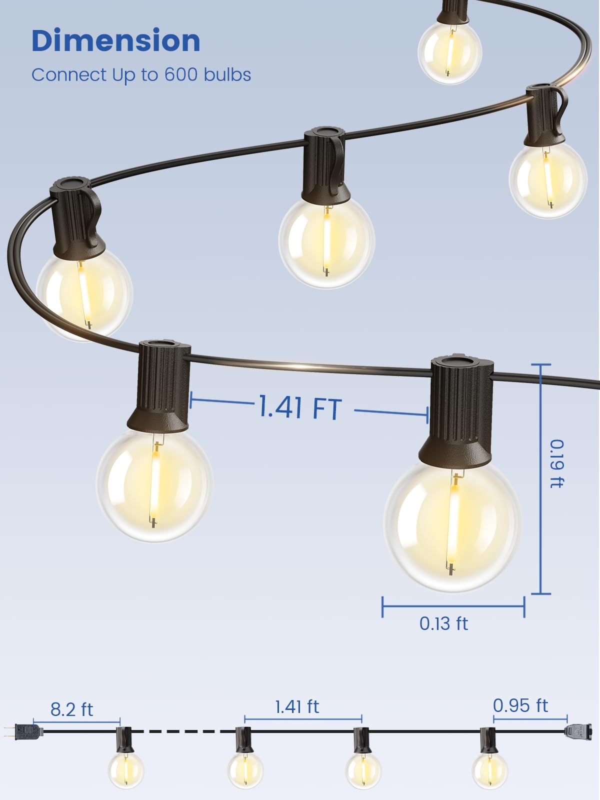 Guirlande lumineuse d'extérieur RTTY de 25 pieds, lumières de patio à LED G40 avec 13 ampoules en plastique, lumières globe suspendues incassables et étanches connectables pour porche, café, bistro, arrière-cour, gazebo, balcon, décoration de fête