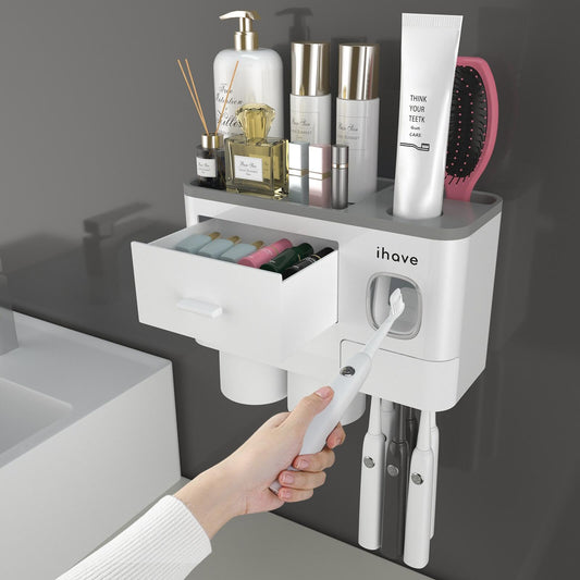 iHave Portacepillos de Dientes para Baños, Portacepillos de Dientes de 2 Tazas para Montar en la Pared con Dispensador de Pasta de Dientes - Bandeja de Gran Capacidad, Cajón para Cosméticos - Decoración de Baño y Accesorios de Baño